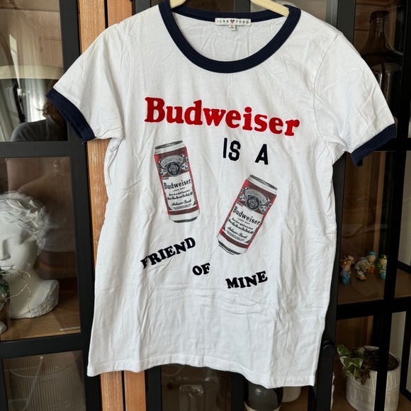 JUNK FOOD Budweiser tee short sleeve navy top friend of mine graphic beer - Picture 1 of 7